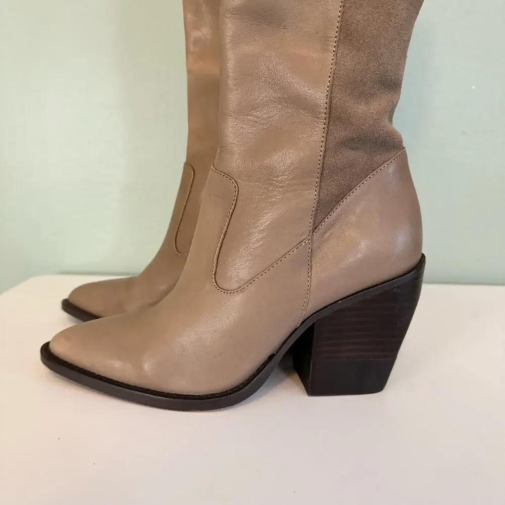 Sole Society Over the Knee Boots Beige Tan Leather Pointy Toe Block Heel Size 7M
